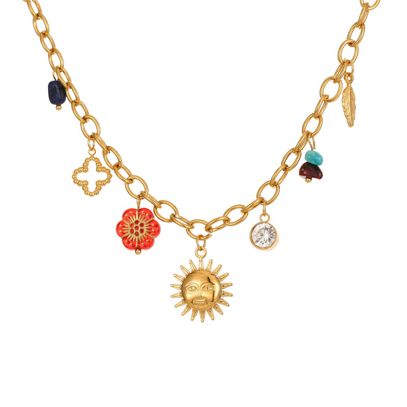 Wholesale Women's Fashion Minimalist Geometric And Floral Pattern 18K Gold Plated Stainless Steel Pendant Necklace