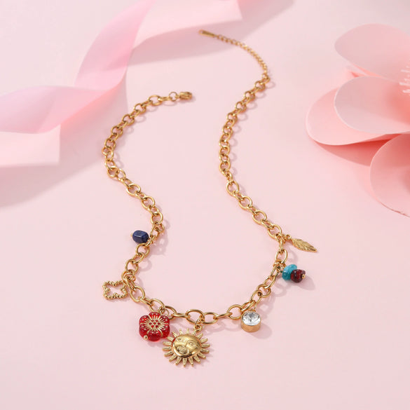 Wholesale Women's Fashion Minimalist Geometric And Floral Pattern 18K Gold Plated Stainless Steel Pendant Necklace