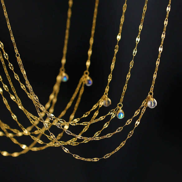 Wholesale Women's Fashion Minimalist Titanium Steel Gold Plated Drop Shape Necklace With Double Layer Stacked Chain