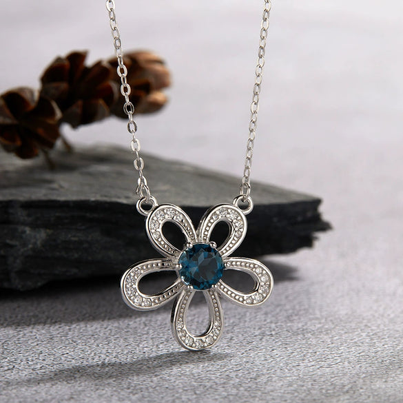 Wholesale Women's Fashion Natural Topaz Color Sun Flower Pendant Necklace 925 Sterling Silver Geometric Design