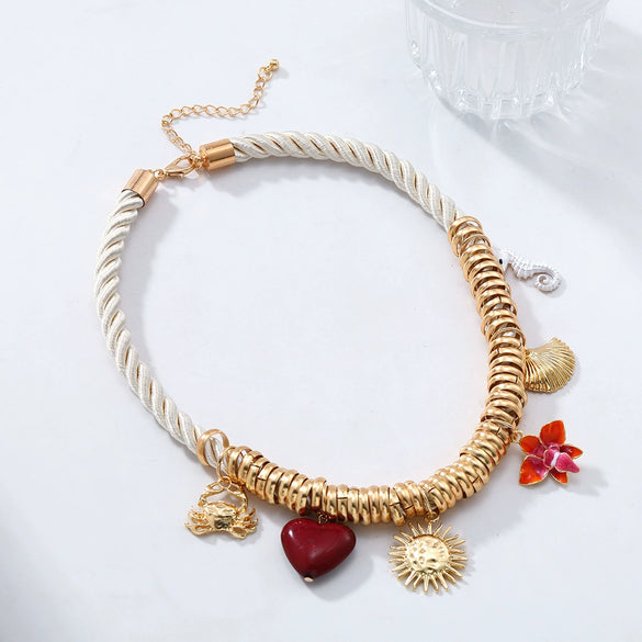 Wholesale Women's Fashion Necklace Zinc Alloy Mixed Gemstone Setting Flower Pattern Electroplating Crab Heart Shell Seahorse Design