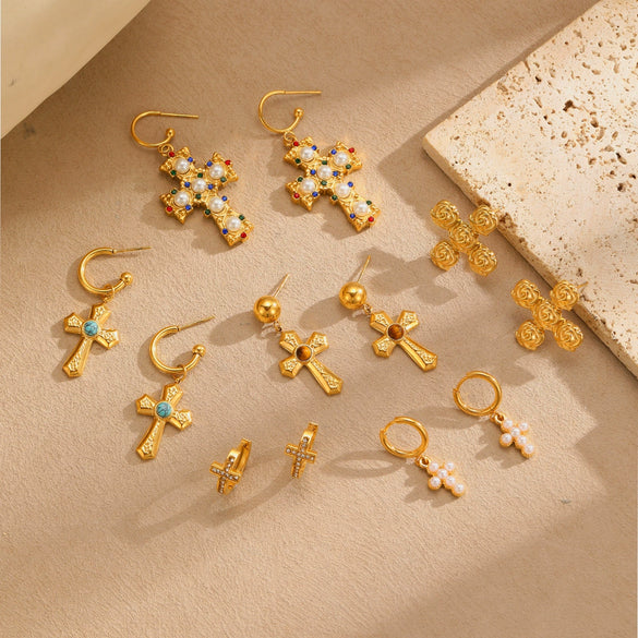 Wholesale Women's Fashion Ol Geometric Pearl Zircon Stainless Steel 18K Electroplated Earrings