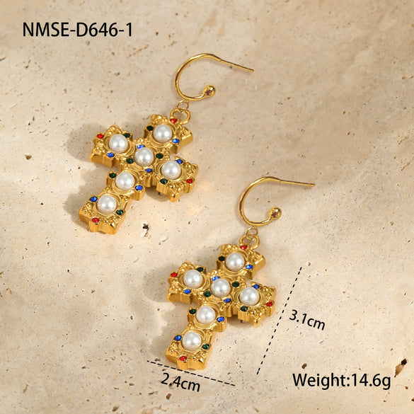 Wholesale Women's Fashion Ol Geometric Pearl Zircon Stainless Steel 18K Electroplated Earrings