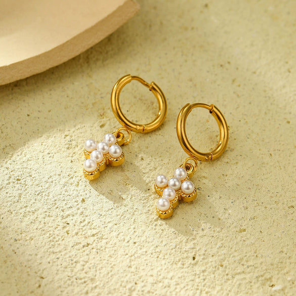 Wholesale Women's Fashion Ol Geometric Pearl Zircon Stainless Steel 18K Electroplated Earrings