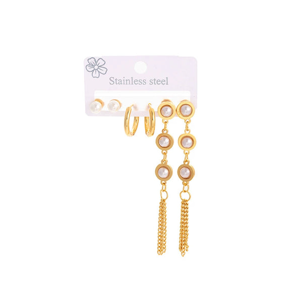 Wholesale Women's Fashion Ol Geometric Titanium Steel Pearl Tassel Ear Studs Gold Plated Earrings 3Piece Set
