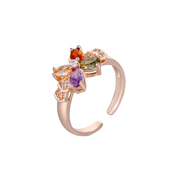 Wholesale Women's Fashion Ol Style Environmental Protection Copper Ring With Seven Color Crystal Zircon And Four Leaf Clover Flower Design