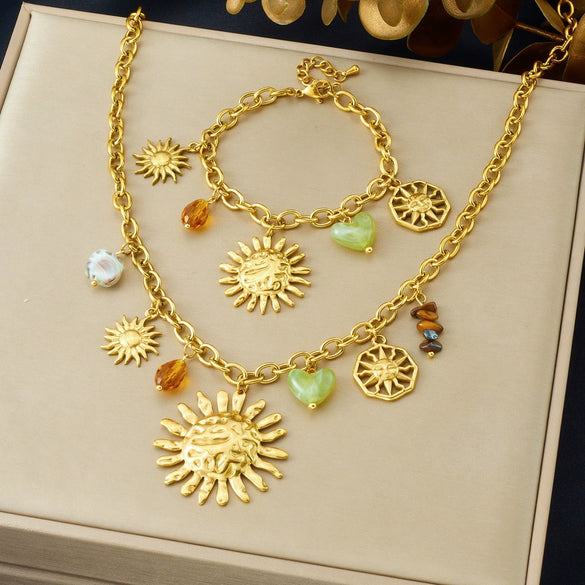 Wholesale Women's Fashion Plants And Flowers Pattern Heart Pendant Stainless Steel Electroplated Jewelry Set With O Word Chain
