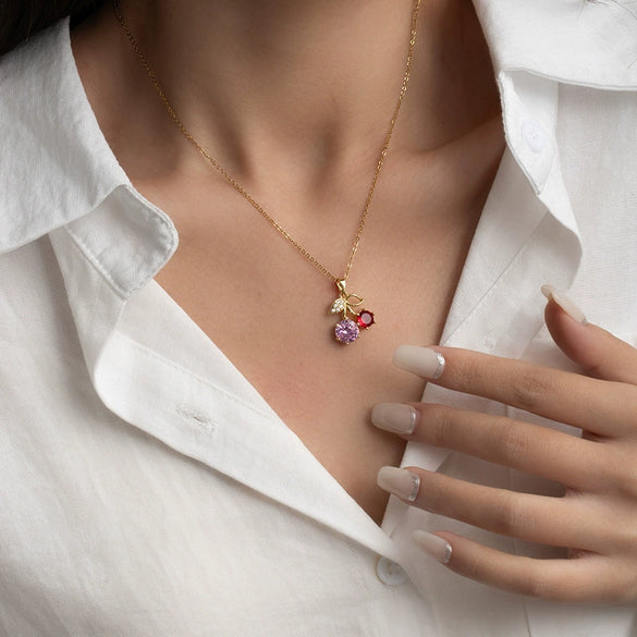 Wholesale Women's Fashion Red Cherry Pendant Necklace In Titanium Steel And Copper With Fruit Shape And Electroplating