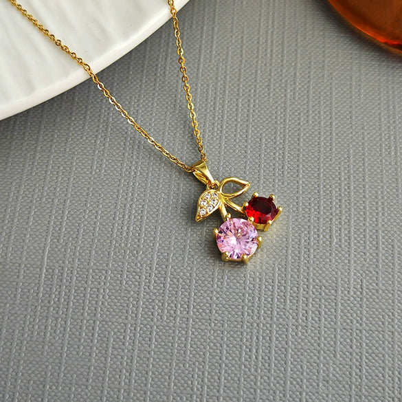 Wholesale Women's Fashion Red Cherry Pendant Necklace In Titanium Steel And Copper With Fruit Shape And Electroplating
