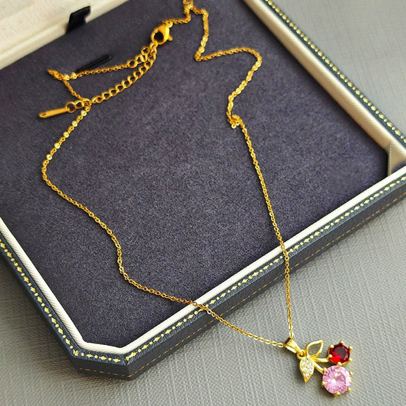Wholesale Women's Fashion Red Cherry Pendant Necklace In Titanium Steel And Copper With Fruit Shape And Electroplating