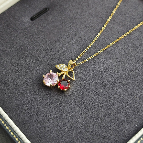 Wholesale Women's Fashion Red Cherry Pendant Necklace In Titanium Steel And Copper With Fruit Shape And Electroplating
