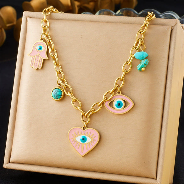Wholesale Women's Fashion Retro Exaggerated Gold Electroplated Stainless Steel Chain Necklace With Star And Heart Elements