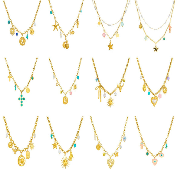 Wholesale Women's Fashion Retro Exaggerated Gold Electroplated Stainless Steel Chain Necklace With Star And Heart Elements