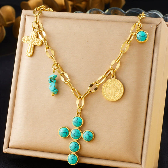 Wholesale Women's Fashion Retro Exaggerated Gold Electroplated Stainless Steel Chain Necklace With Star And Heart Elements