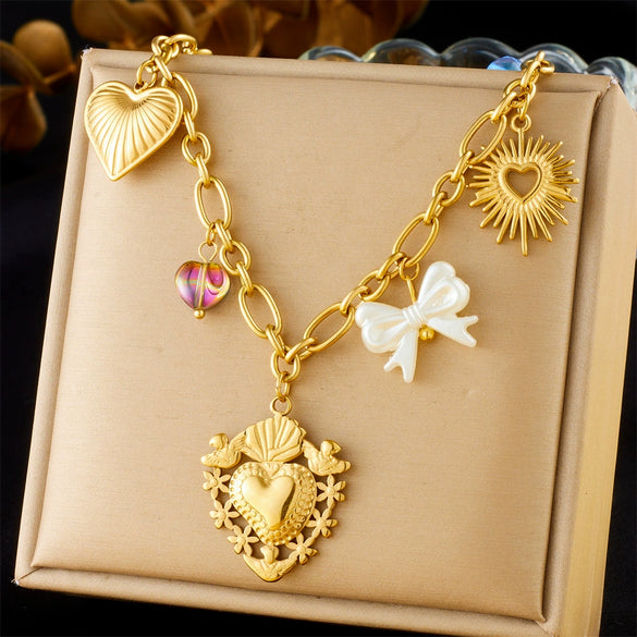 Wholesale Women's Fashion Retro Exaggerated Heart Shape Stainless Steel Electroplated Necklace Jewelry