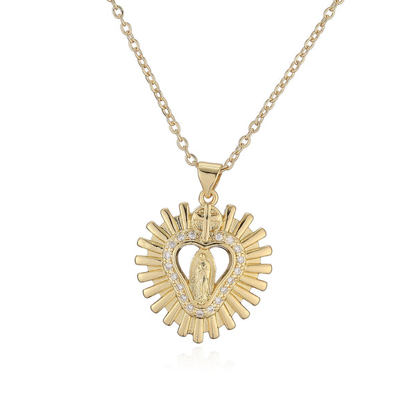 Wholesale Women's Fashion Retro Geometric Copper 18K Gold Plated Zircon Cross Virgin Heart Pendant Necklace