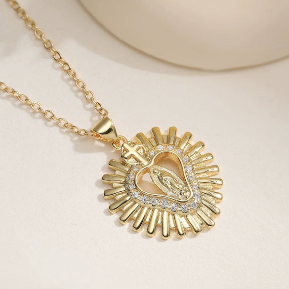Wholesale Women's Fashion Retro Geometric Copper 18K Gold Plated Zircon Cross Virgin Heart Pendant Necklace