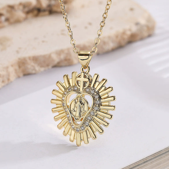Wholesale Women's Fashion Retro Geometric Copper 18K Gold Plated Zircon Cross Virgin Heart Pendant Necklace