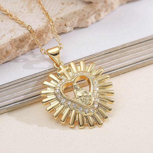 Wholesale Women's Fashion Retro Geometric Copper 18K Gold Plated Zircon Cross Virgin Heart Pendant Necklace