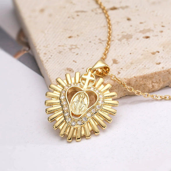 Wholesale Women's Fashion Retro Geometric Copper 18K Gold Plated Zircon Cross Virgin Heart Pendant Necklace