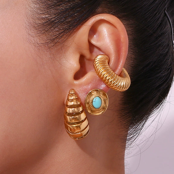 Wholesale Women's Fashion Retro Geometric Stainless Steel 18K Gold Plated Threaded Cut Out Water Drop Earrings
