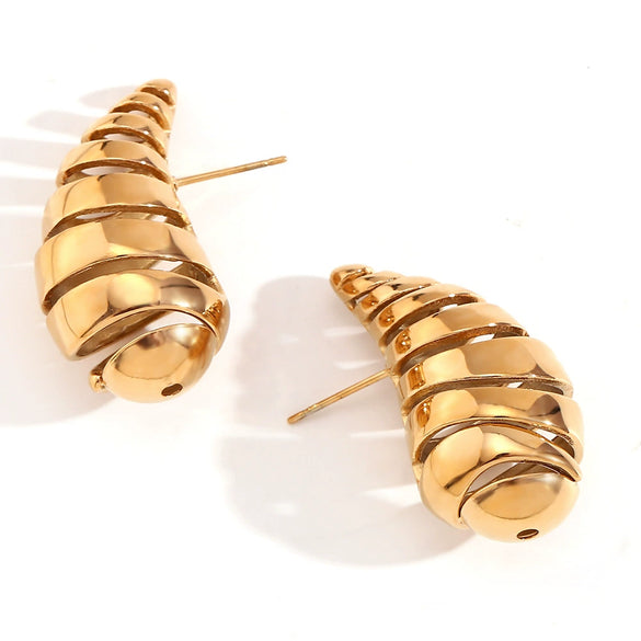Wholesale Women's Fashion Retro Geometric Stainless Steel 18K Gold Plated Threaded Cut Out Water Drop Earrings