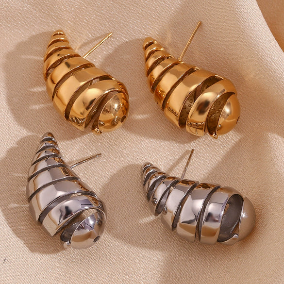 Wholesale Women's Fashion Retro Geometric Stainless Steel 18K Gold Plated Threaded Cut Out Water Drop Earrings