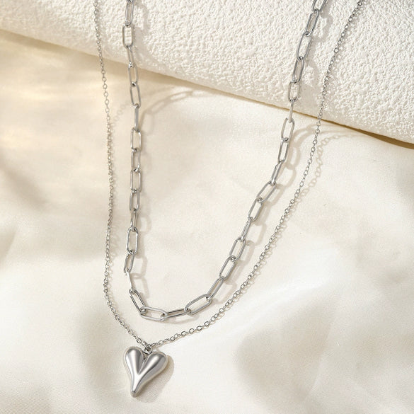 Wholesale Women's Fashion Retro Light Luxury Heart Shape Double Ochain Pendant Jewelry Titanium Steel 18K Real Gold Electroplated