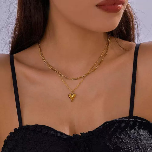 Wholesale Women's Fashion Retro Light Luxury Heart Shape Double Ochain Pendant Jewelry Titanium Steel 18K Real Gold Electroplated