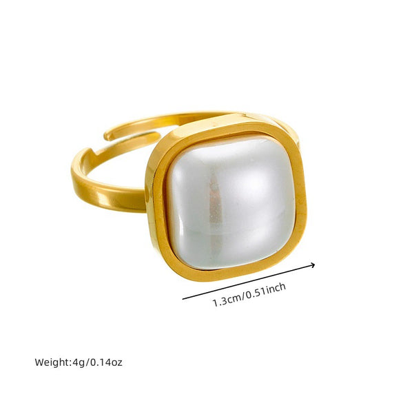 Wholesale Women's Fashion Retro Simple Geometric Pearl Square Stainless Steel Electroplated Ring Accessories