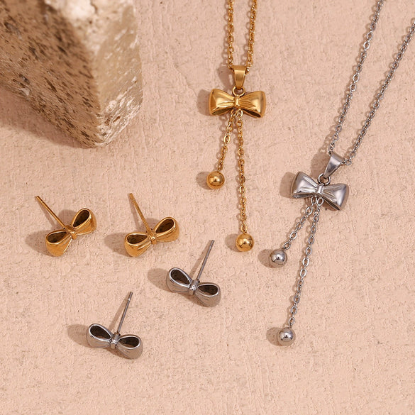 Wholesale Women's Fashion Simple Elegant Stainless Steel 18K Gold Plated Bow Tie Beads Earrings And Necklace