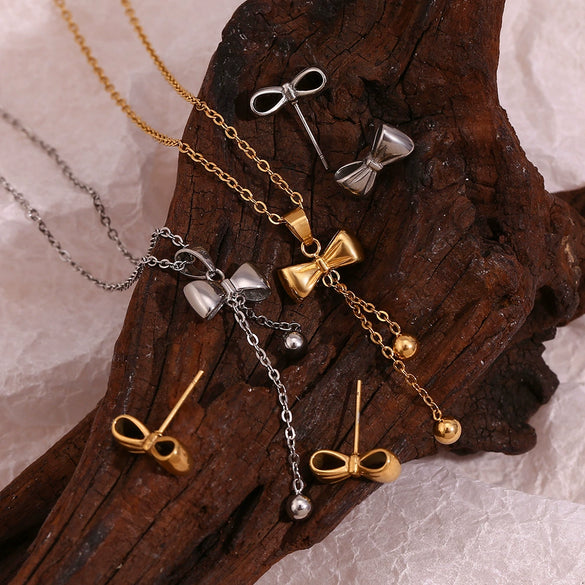 Wholesale Women's Fashion Simple Elegant Stainless Steel 18K Gold Plated Bow Tie Beads Earrings And Necklace