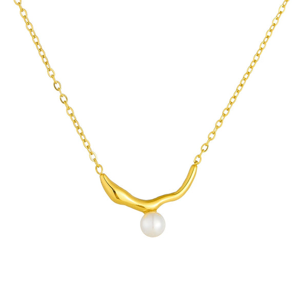 Wholesale Women's Fashion Simple Highend Irregular Pearl Chain Goldplated Stainless Steel Collarbone Necklace With Geometric Design