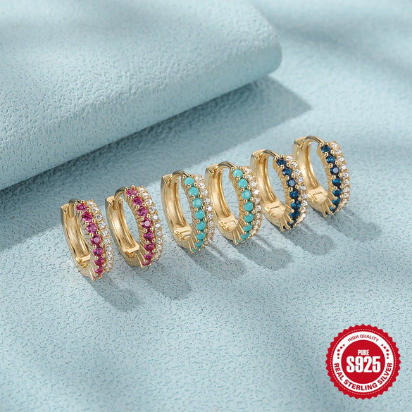 Wholesale Women's Fashion Simple S925 Sterling Silver Geometric Double Row Mixed Color Diamond Inlaid Earring With Ear Buckle