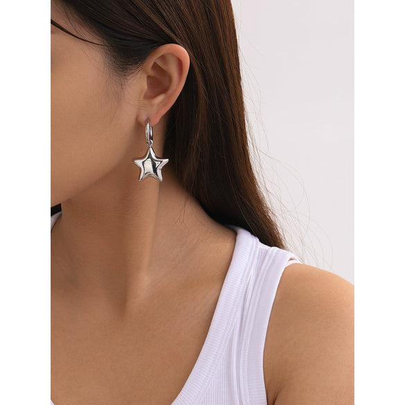 Wholesale Women's Fashion Simple Smooth Convex Five Pointed Star Stainless Steel Earrings With Open Ring And Electroplating Treatment