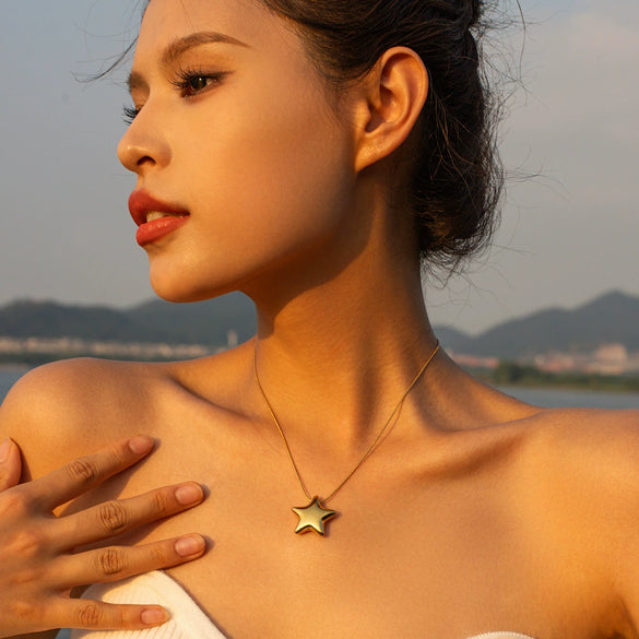 Wholesale Women's Fashion Simple Smooth Convex Five Pointed Star Stainless Steel Earrings With Open Ring And Electroplating Treatment