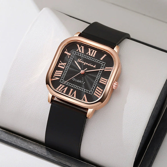 Wholesale Women's Fashion Square Alloy Case Silicone Strap Antique Quartz Watch With Roman Scale