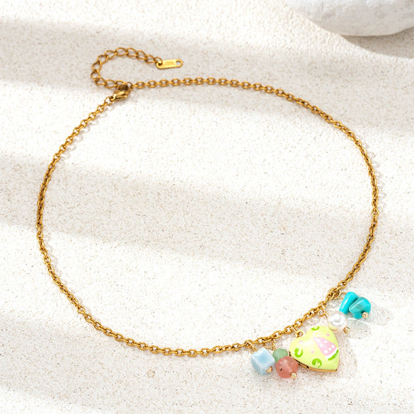 Wholesale Women's Fashion Stainless Steel And Titanium Steel Electroplated Heart Oil Drop Pendant Sweater Chain Necklace In Ins And Minimalist Style