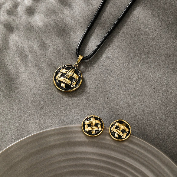 Wholesale Women's Fashion Stainless Steel And Titanium Steel Jewelry Set With Geometric Style And Electroplating Black Rope Series Button Earrings And Necklace Combination