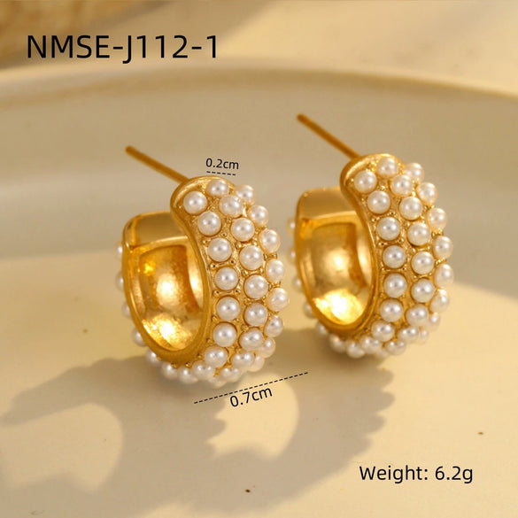 Wholesale Women's Fashion Stainless Steel Earrings With Pearl Inlaid Geometric And U Shaped Patterns And Electroplating Processing