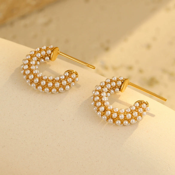 Wholesale Women's Fashion Stainless Steel Earrings With Pearl Inlaid Geometric And U Shaped Patterns And Electroplating Processing