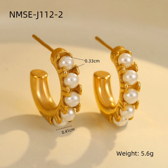 Wholesale Women's Fashion Stainless Steel Earrings With Pearl Inlaid Geometric And U Shaped Patterns And Electroplating Processing
