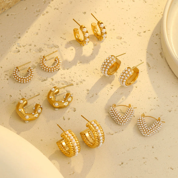 Wholesale Women's Fashion Stainless Steel Earrings With Pearl Inlaid Geometric And U Shaped Patterns And Electroplating Processing