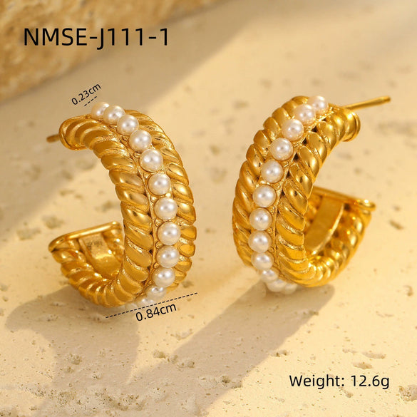 Wholesale Women's Fashion Stainless Steel Earrings With Pearl Inlaid Geometric And U Shaped Patterns And Electroplating Processing