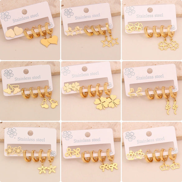 Wholesale Women's Fashion Stainless Steel Flower Crown Heart Shape Butterfly Earrings With Electroplating