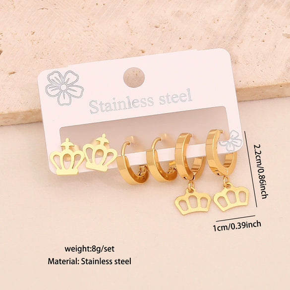 Wholesale Women's Fashion Stainless Steel Flower Crown Heart Shape Butterfly Earrings With Electroplating