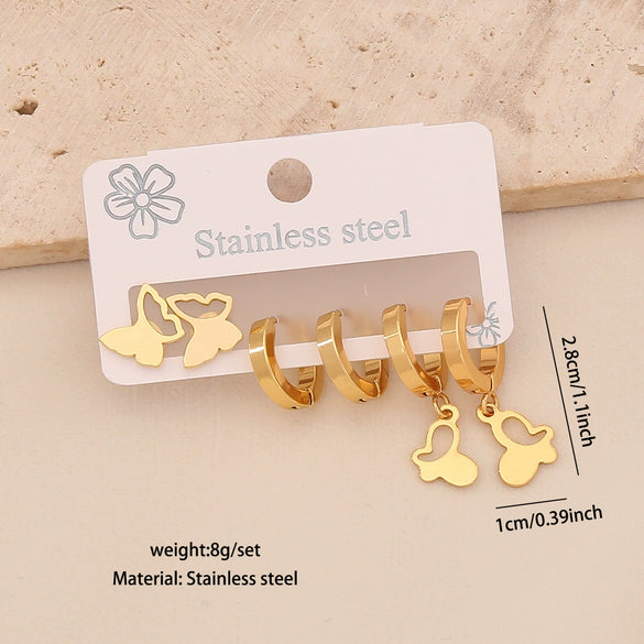 Wholesale Women's Fashion Stainless Steel Flower Crown Heart Shape Butterfly Earrings With Electroplating