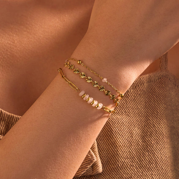 Wholesale Women's Fashion Stainless Steel 18K Gold Electroplated Threelayer Stacked Disc Natural Stone Bracelets