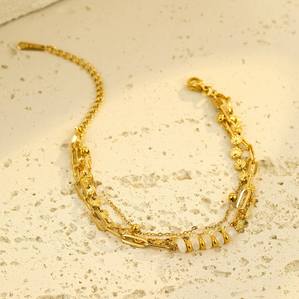Wholesale Women's Fashion Stainless Steel 18K Gold Electroplated Threelayer Stacked Disc Natural Stone Bracelets