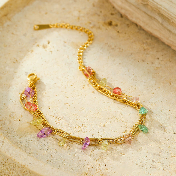 Wholesale Women's Fashion Stainless Steel 18K Gold Plated Threelayer Stacked Colorful Gravel Bracelet